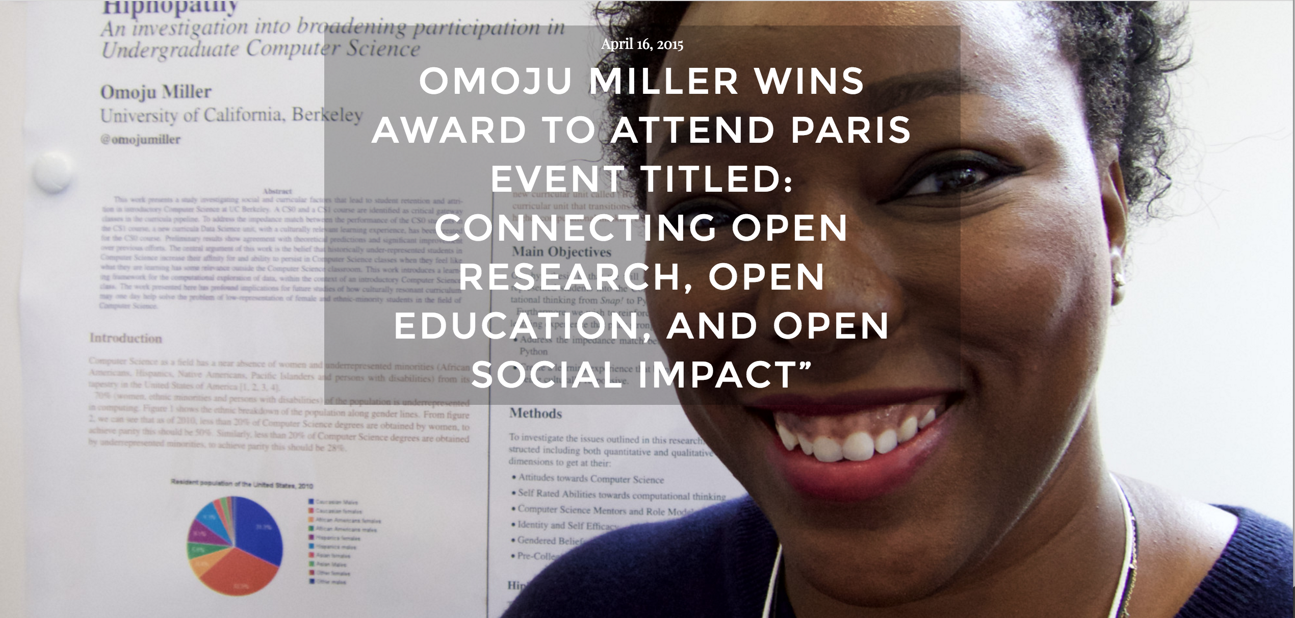 A picture of Omoju posted on the BEST lab site after winning an Open Innovator Award and becoming a Sage Scholar. 2015